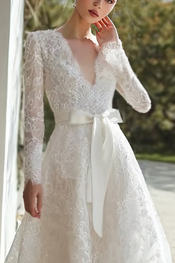 dentelle ivoire col en V manches longues robe de mariée avec ceinture
